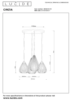 Lucide Kjøkkenbelysning Tak|Takpendler<Cinzia takpendel 55,5 cm 4-lys