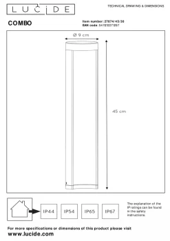 Lucide Pullert<Combo pullert 45 cm 9W IP54 3000K -