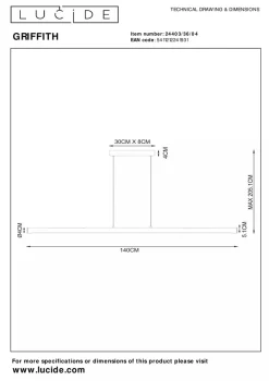 Lucide Kjøkkenbelysning Tak|Takpendler<Griffith takpendel 33W - Dimbar