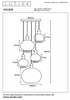 Lucide Kjøkkenbelysning Tak|Takpendler<Julius takpendel rondell 5 lys - Opalglass
