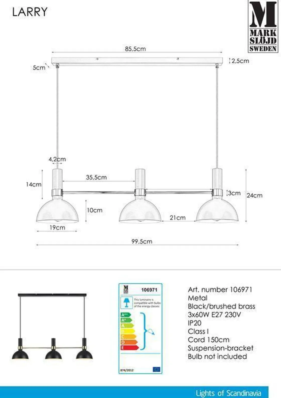 Marksløjd Kjøkkenbelysning Tak|Takpendler<Larry takpendel - Svart/Børstet messing -