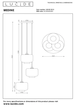 Lucide Kjøkkenbelysning Tak|Takpendler<Medine rondell takpendel 3-lys - Svart/Opal hvit