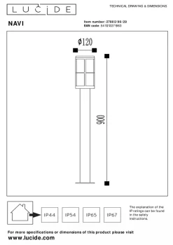 Lucide Pullert<Navi pullert utendørs 90 cm IP54 E27 -