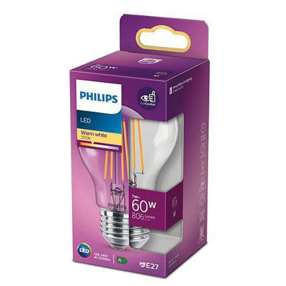 Philips Led-Pærer E27 Sokkel<Filament E27 LED 7W 2700K Ikke dimbar - Klar
