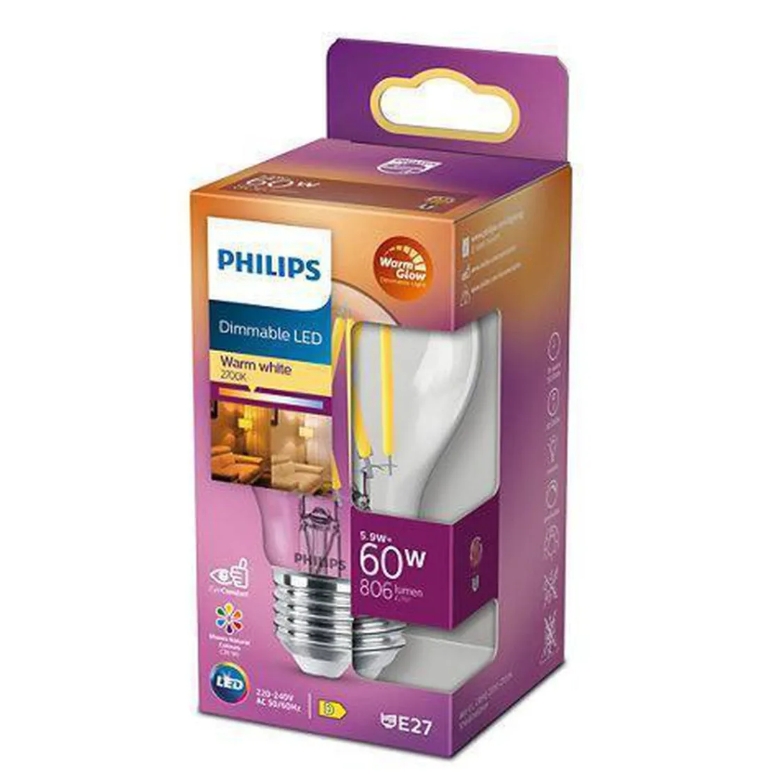 Philips Led-Pærer E27 Sokkel<Filament E27 LED 5,9W warmglow -