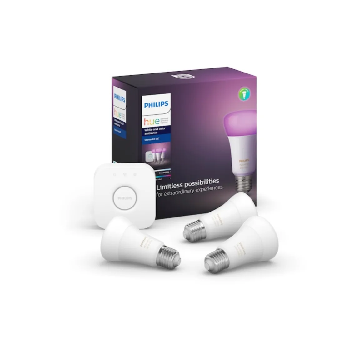 Philips Hue Led-Smartlyspærer|Led-Pærer Smart E27 Sokkel<Color 3 x E27 lyspærer + bridge