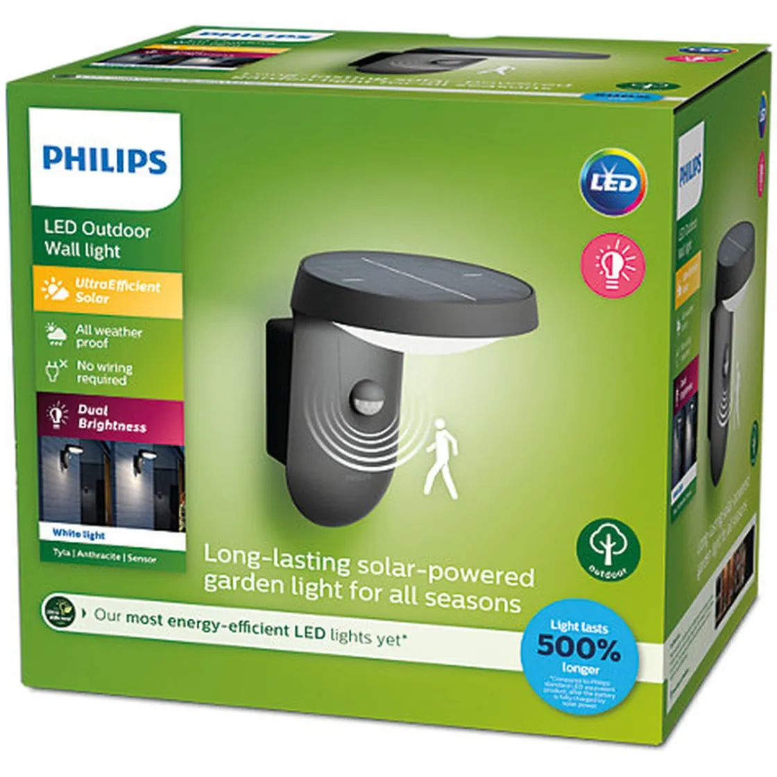 Philips Solcellebelysning|Utelamper - Klassiske Vegglamper<Tyla vegglampe 1,2W 3000 Kelvin IP44 solcelledrevet med dag/natt og bevegelses sensor
