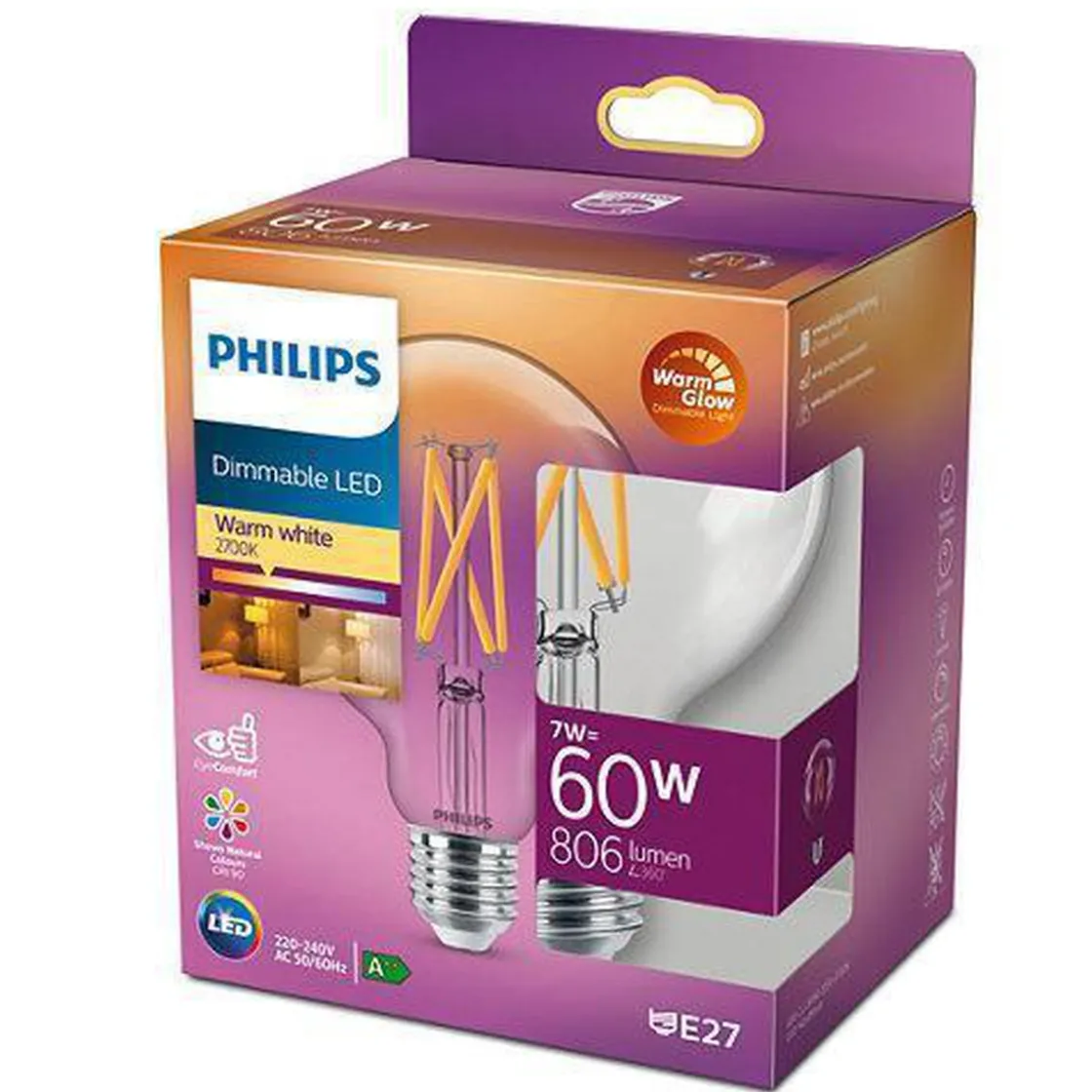 Philips Dekorpære E27|Led-Pærer E27 Sokkel<7W globe dimbar LED filament warmglow 95 mm (60W) RA90