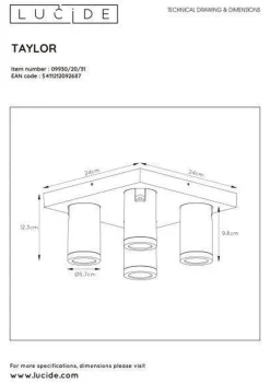 Lucide Kjøkkenbelysning Tak|Baderomsbelysning Tak<Taylor spot 4 lys IP44 baderom warm to dim 4x5W 2200-3000K