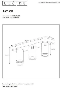 Lucide Baderomsbelysning Tak|Kjøkkenbelysning Tak<Taylor spot 3 lys IP44 baderom warm to dim 3x5W 2200-3000K