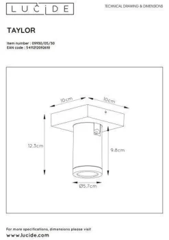 Lucide Kjøkkenbelysning Tak|Baderomsbelysning Tak<Taylor spot 1 lys IP44 baderom warm to dim 5W 2200-3000K