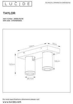 Lucide Baderomsbelysning Tak|Kjøkkenbelysning Tak<Taylor spot 2 lys IP44 baderom warm to dim 2x5W 2200-3000K