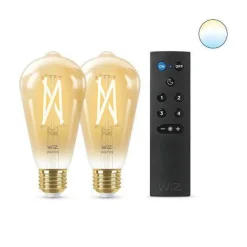 WiZ Led-Smartlyspærer|Led-Pærer Smart E27 Sokkel<E27 Lyspære filament St64 6,7W Wifi 2 pak m/fjernkontroll - Justerbar fargetemperatur 2000-5000 Kelvin